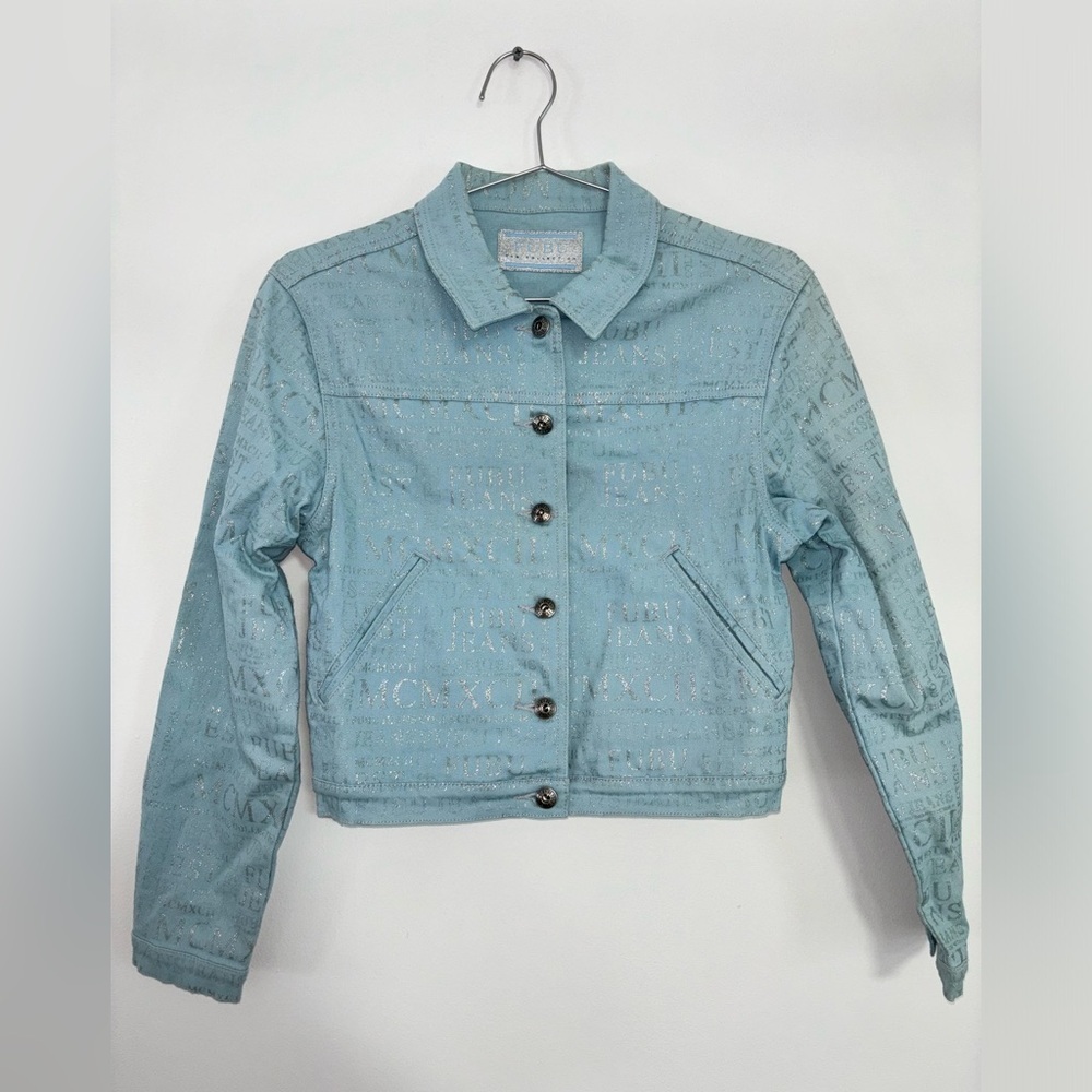 Rare Vintage Fubu Light Blue Denim Jacket Glitter Logo Womens size M